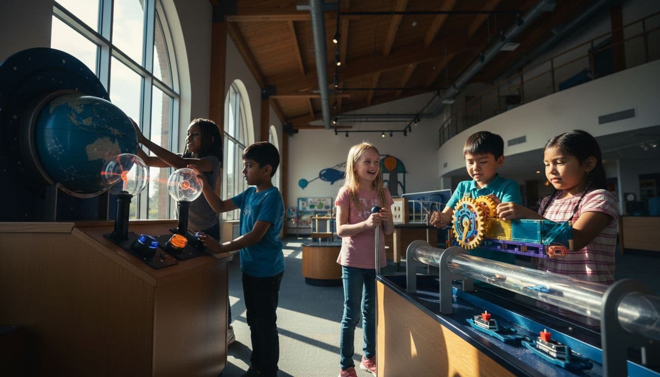 A group of five diverse children interact with hands-on science displays in the bright interior of a Northern Kentucky children's museum, illuminated by soft natural light in a cinematic style.