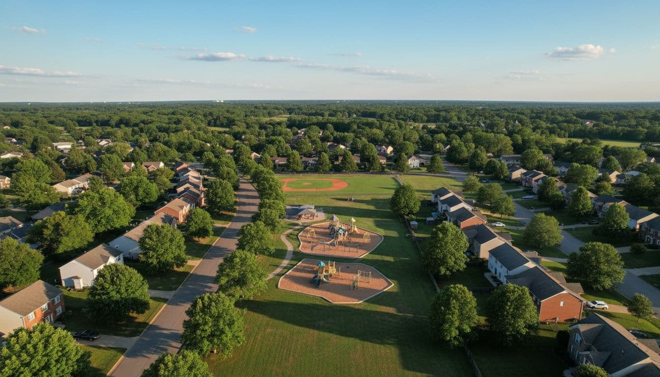 Scenic aerial view of a family-friendly neighborhood in Northern Kentucky, featuring tree-lined streets, single-family homes, and a playground in the park under a blue sky with soft sunlight and cinematic lighting.