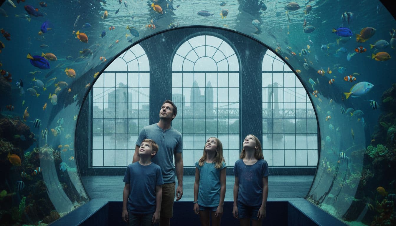 A family of four, consisting of one adult man, one adult woman, and two children aged 8-10, enjoys the indoor aquarium tunnel at Newport Aquarium in Northern Kentucky, surrounded by colorful swimming fish, with rainy weather visible through large windows and a subtle Ohio River view. Cinematic style with dramatic lighting from blues and greens.