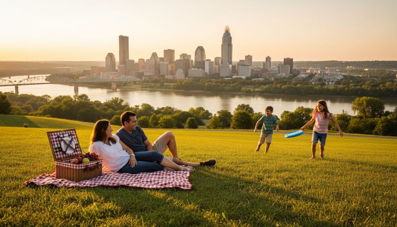 A family of four enjoys a picnic on a grassy hill in Devou Park, Northern Kentucky, overlooking the Cincinnati skyline and Ohio River, with kids playing frisbee and parents relaxing in cinematic golden hour lighting.