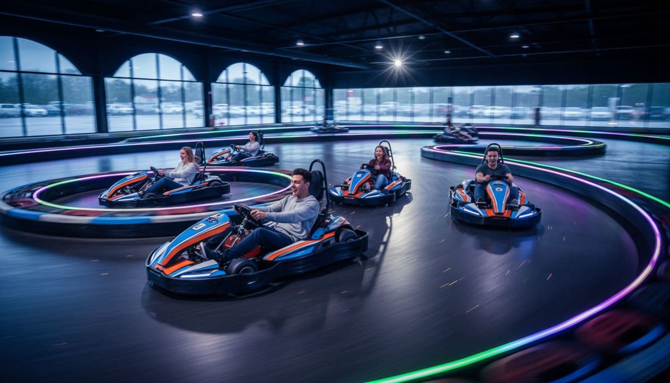 Group of four young adults racing electric go-karts on a brightly lit indoor track, with rainy parking lot visible through windows, dynamic motion blur and excited expressions.
