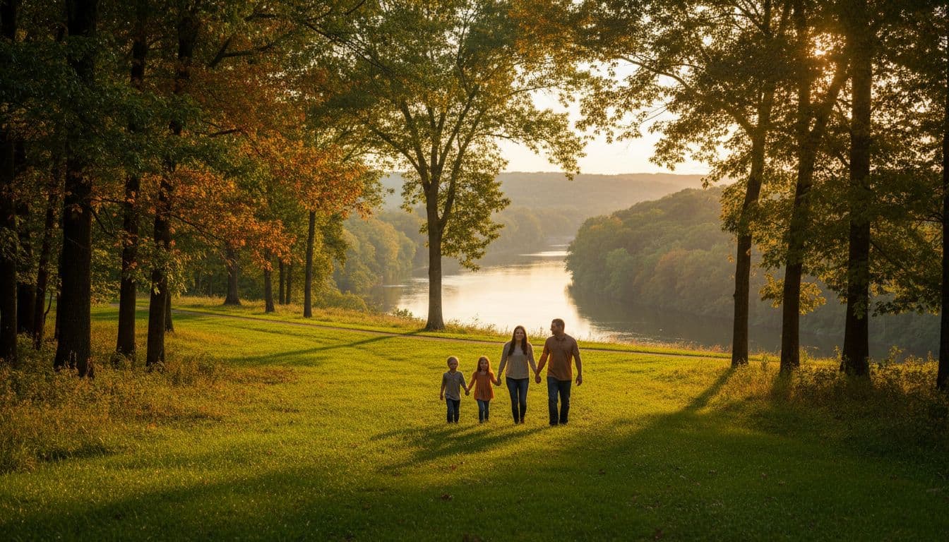 A family of four, parents and two young kids, walks hand in hand on a lush green trail in a Northern Kentucky park during golden hour, with trees and river in the background, captured in cinematic style with dramatic lighting.