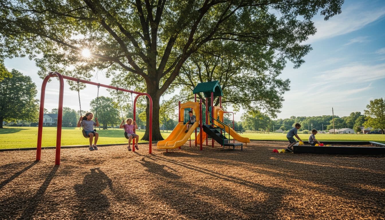 Four children aged 5-10 play energetically on colorful swings, slide, and sandbox under big trees in a sunny Northern Kentucky community park, cinematic style with dramatic side lighting.