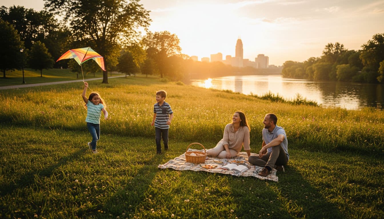 A joyful family of four picnics in a lush green park along the Ohio River in Northern Kentucky, with kids playing nearby and parents relaxing on a blanket amid warm golden hour lighting and cinematic style.