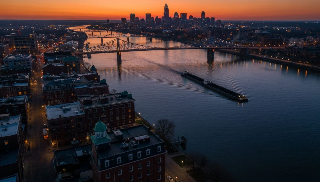 Captures an aerial vista of Newport KY's riverfront at dusk, showcasing the Ohio River, bridges, historic buildings in the foreground, and exactly one barge on the water in cinematic style with dramatic sunset lighting and strong contrast.