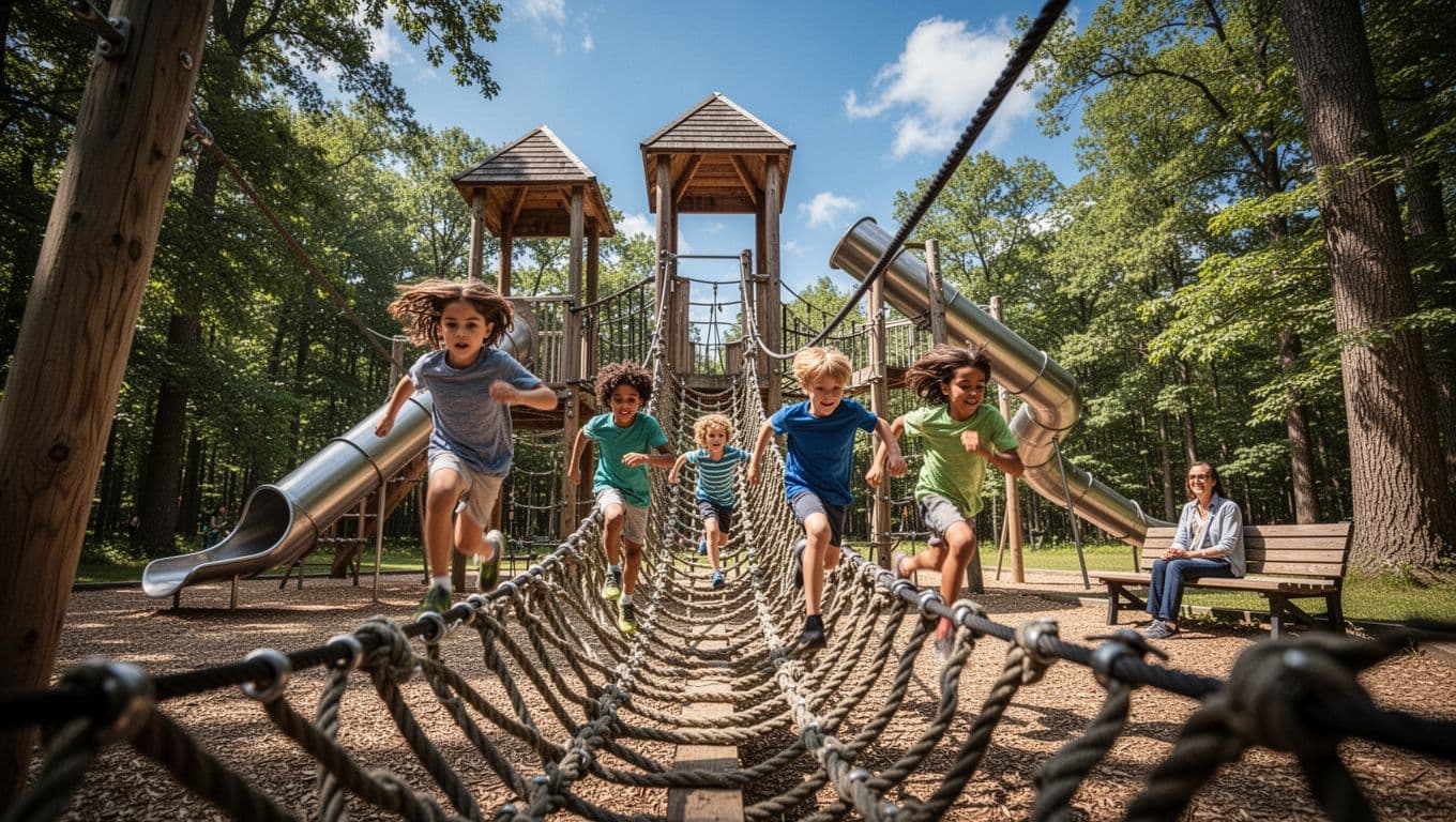 Four children aged 6-10 race excitedly across a wooden adventure playground with rope bridges and tall slides in a wooded Northern Kentucky area, while parents watch from benches under a blue sky.
