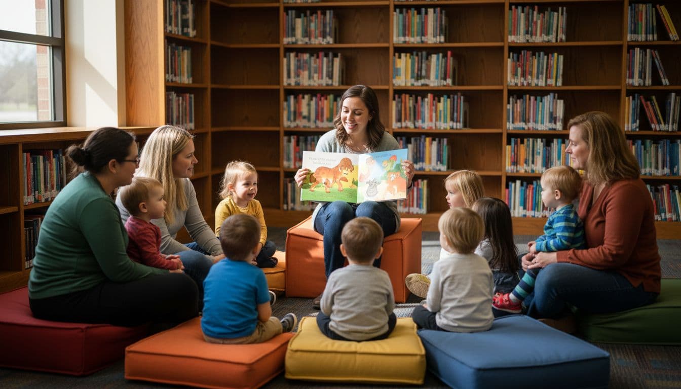 A librarian reads a colorful picture book to exactly 8 young children and 4 adults seated on colorful cushions in a circle in a cozy library corner with warm wooden bookshelves and soft natural light.
