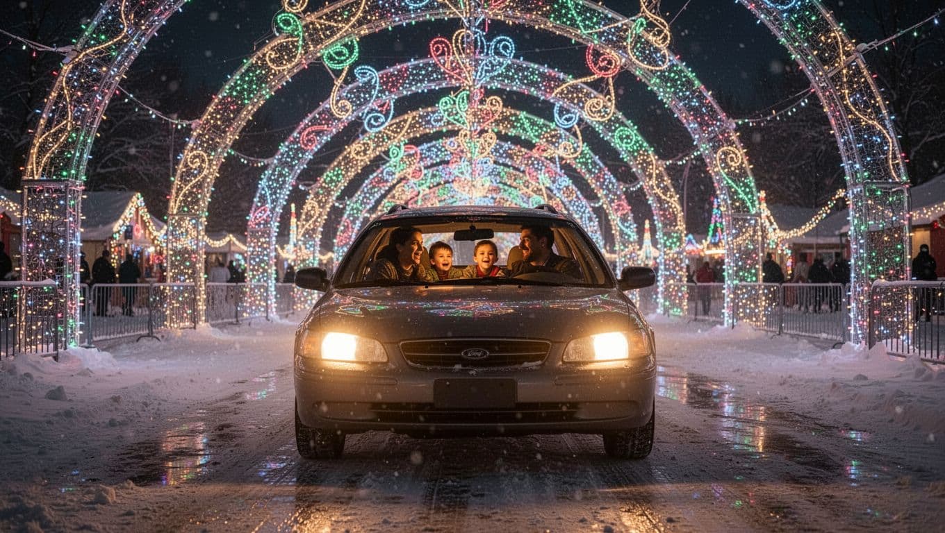 Family car drives through glowing synchronized Christmas lights at Boone County Fairgrounds on snowy winter night.