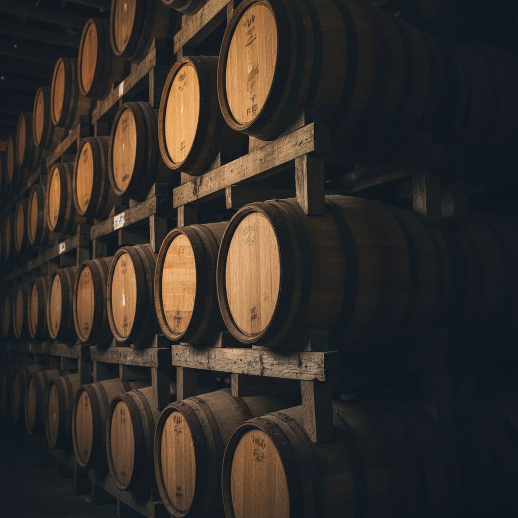 Close-up of bourbon barrels stacked in a dimly lit rickhouse at New Riff Distillery in Newport, KY, with soft golden light, cinematic style, strong contrast and dramatic lighting.
