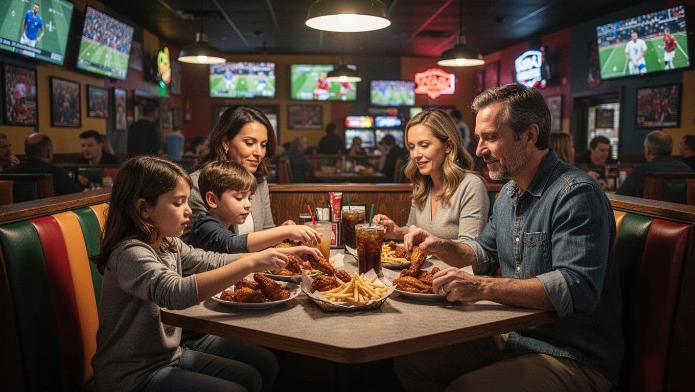 Vibrant restaurant interior at Buffalo Wild Wings in Newport, Kentucky on a busy Monday night, with a family of four at the foreground table eating wings, fries, and meals in a cinematic style with dramatic overhead lighting.