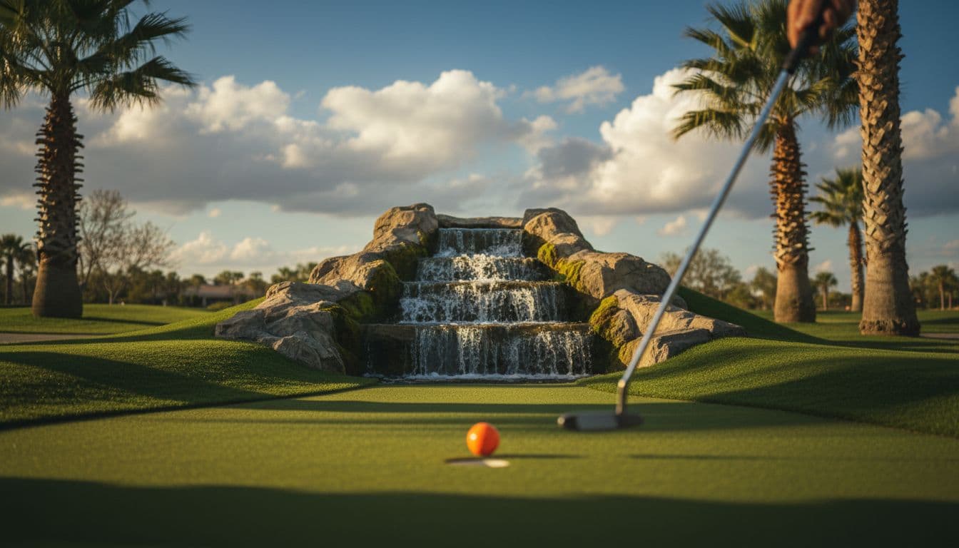 Scenic outdoor mini golf hole featuring a challenging waterfall obstacle, palm trees, lush green turf, rocky features, and a colorful ball mid-putt toward the hole under a clear blue sky with dramatic clouds and warm sunlight.