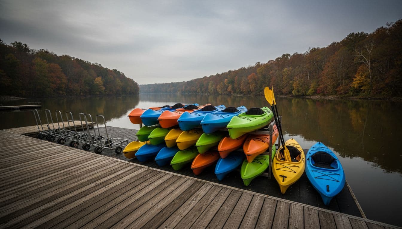 Stack of colorful beginner kayaks ready for rental at a Northern Kentucky outfitter along the Licking River, on a riverside dock with calm water and overcast sky in cinematic style.
