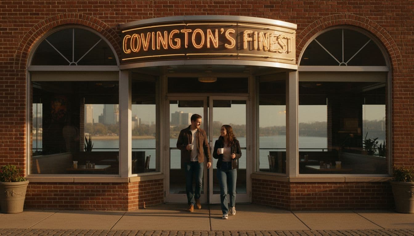 Exterior of a charming diner in Covington Kentucky during brunch hour with glowing vintage sign people entering glass door and river view in background captured in cinematic style with strong contrast depth dramatic lighting and warm earthy tones.