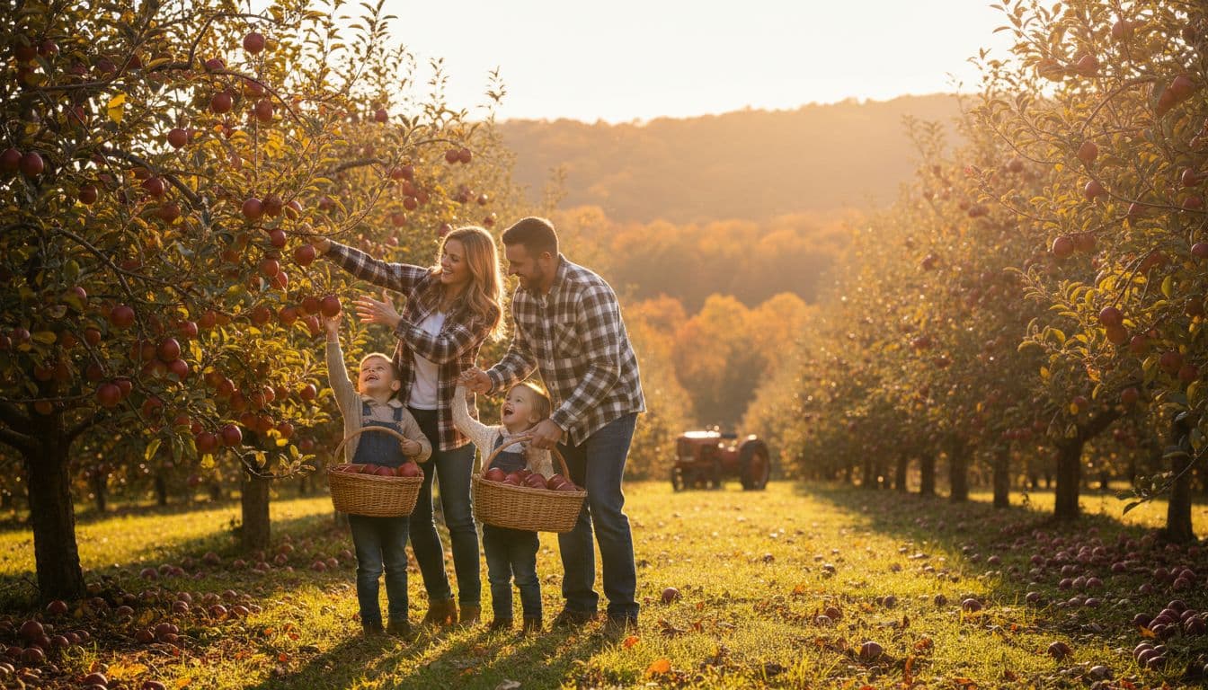 Two adults and two children pick red apples from trees in sunny fall orchard, tractor in background.