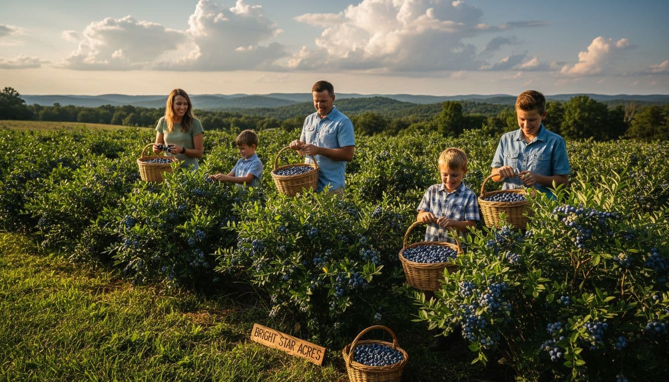 Parents and three children pick blueberries from bushes in lush field with rolling green hills.