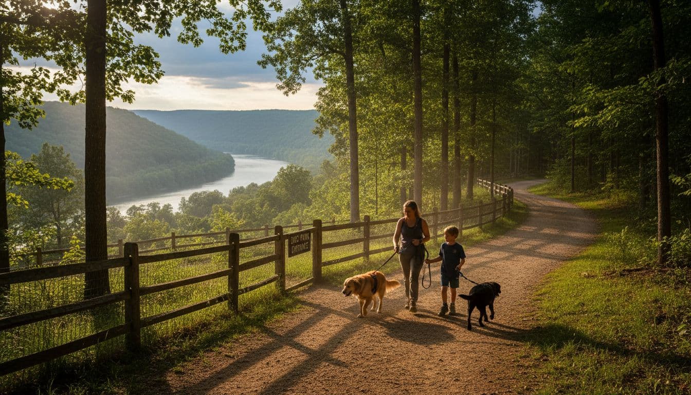 One adult and one child walk two leashed dogs on wooded trails near a fenced dog park entrance in Northern Kentucky, featuring scenic hills, a glimpse of the Ohio River, and dramatic afternoon lighting.