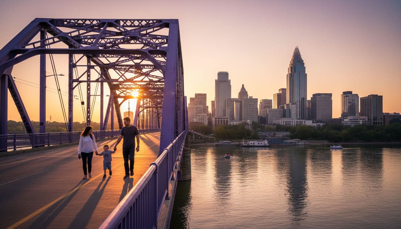 A family of two adults and one child holds hands walking on the Purple People Bridge over the Ohio River towards the Cincinnati skyline at golden hour, featuring scenic river views in a cinematic style with strong contrast and dramatic warm lighting.