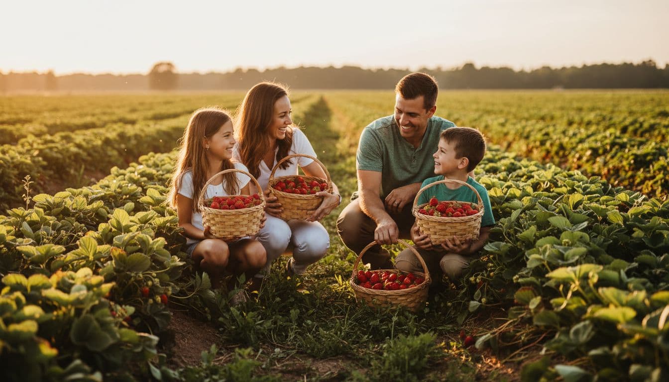 Midwestern family of two parents and two kids picks ripe red strawberries from low green plants in sunny field rows.