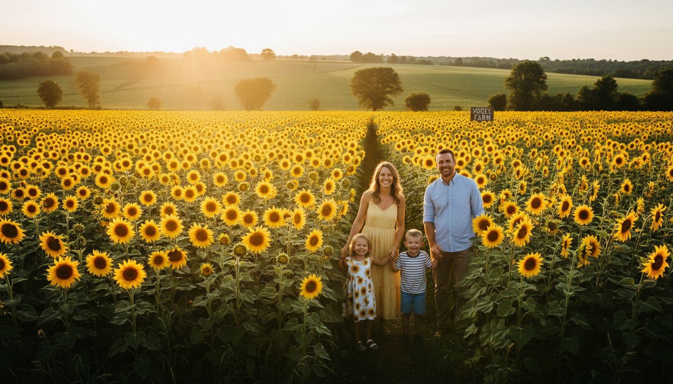 Family of four stands smiling in tall sunflower fields under golden hour light in rural hills.