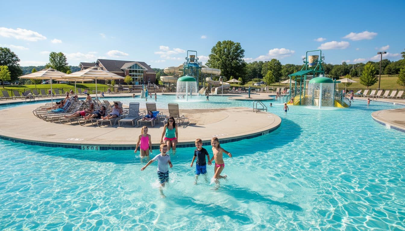 Vibrant outdoor family aquatic center pool in Florence with zero-depth entry, lazy river, slides, and splash pads; one family group of five children and three adults plays while parents watch from shaded areas amid green lawns and trees on a sunny Kentucky day.