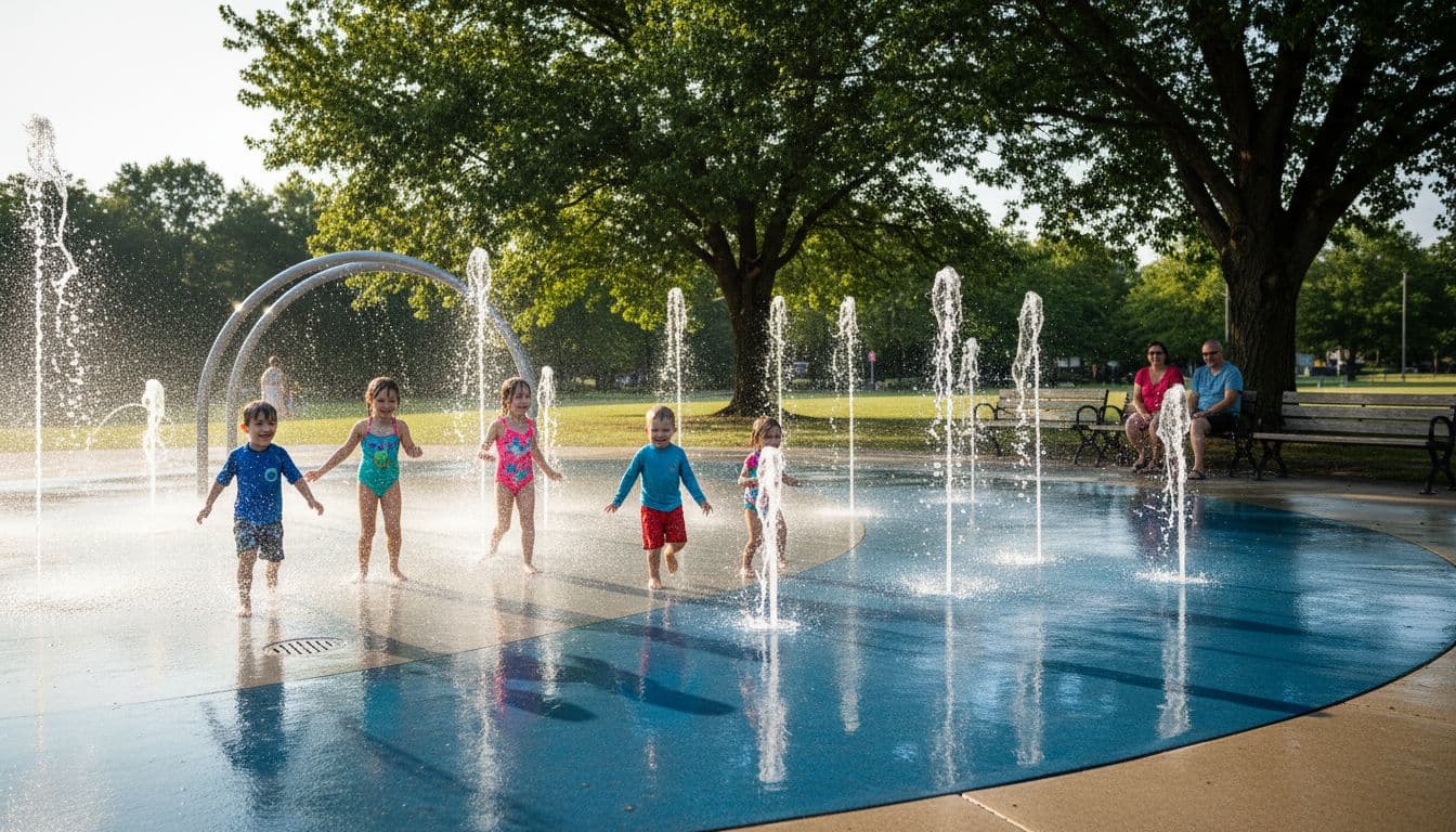 Five children joyfully run through water sprays at the modern splash pad in Florence, Kentucky park, with a family of three adults smiling from nearby shady benches. Bright sunlight casts dramatic shadows on glistening water in a cinematic style with strong contrast and depth.