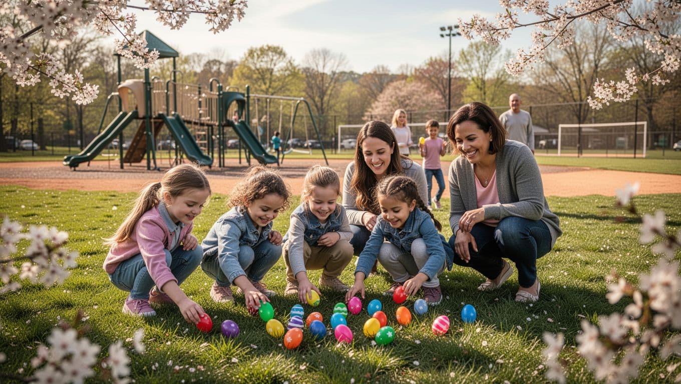 Children and parents pick plastic eggs from grass near playground and baseball field at Tower Park, spring blooms in background.