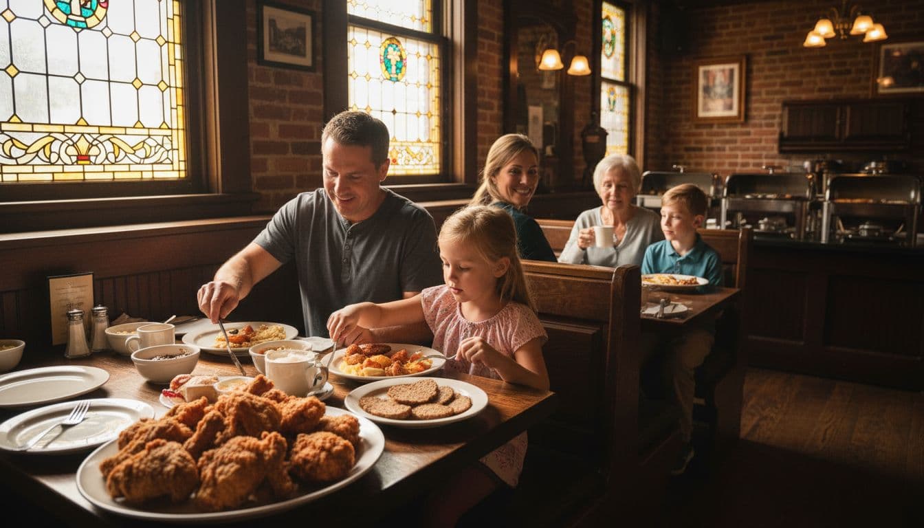 Interior of historic Greyhound Tavern in Fort Mitchell, Kentucky, featuring a Sunday brunch buffet with golden fried chicken and goetta on plates. Three adults and three children seated at wooden booths, illuminated by soft morning sunlight through stained glass windows in cinematic style with dramatic lighting and warm earthy tones.