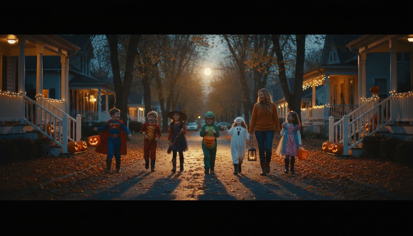 Six costumed kids trick-or-treat on neighborhood street at dusk with autumn leaves, jack-o-lanterns, and porch lights; two adults supervise.