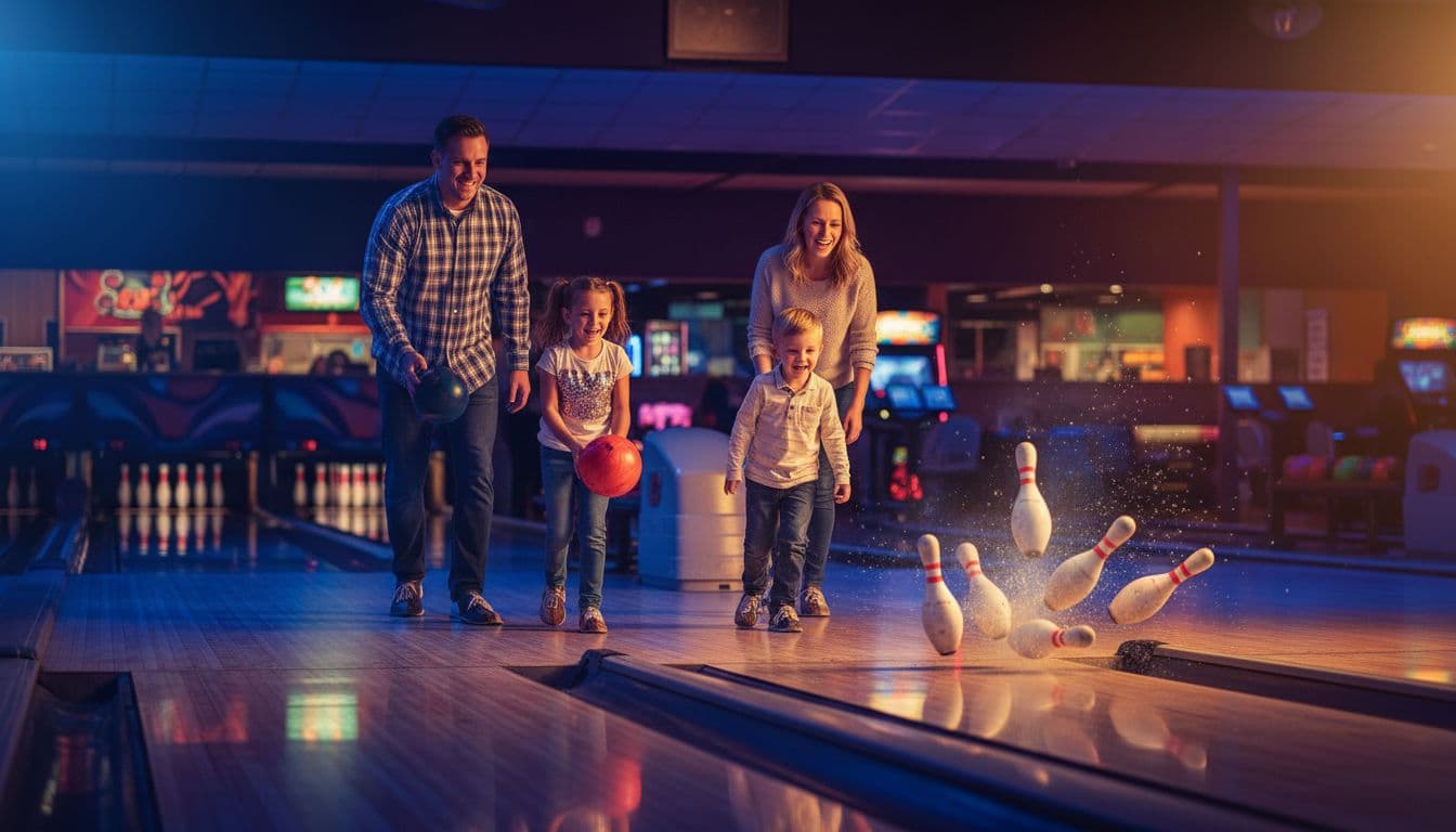 A joyful family of four bowls together in a lively Northern Kentucky bowling alley, parents and two kids smiling as they roll balls under neon lights with pins scattering in a warm atmosphere.