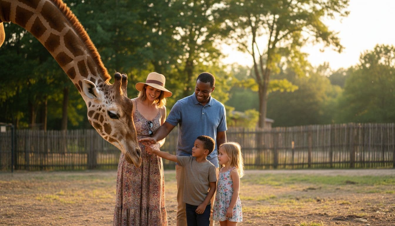 A joyful family of two parents and two kids gently pets a giraffe's neck at the Cincinnati Zoo outdoor exhibit on a sunny golden hour day with green trees and savanna fencing.