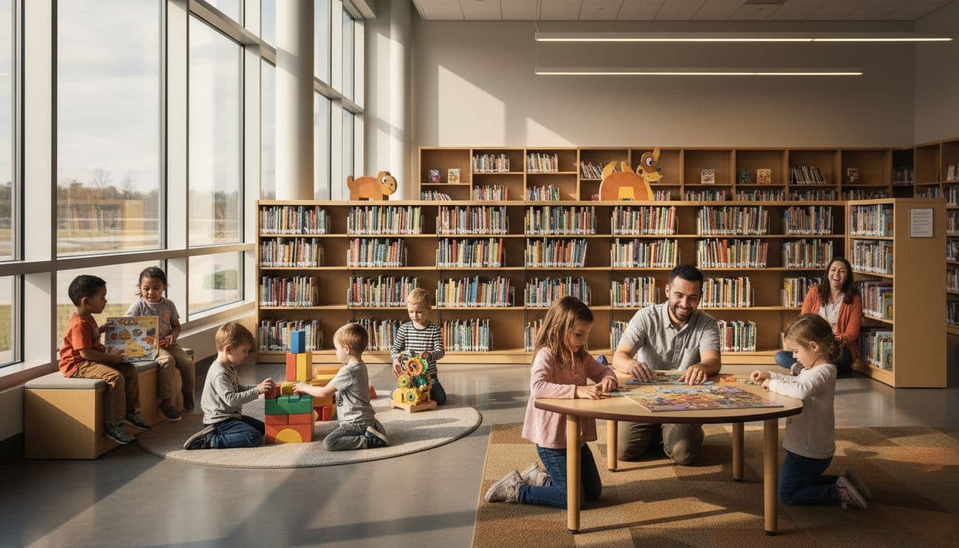 Families with exactly 6 children and 3 parents explore interactive exhibits, playing with puzzles and toys in the bright children's area of Kenton County Public Library, surrounded by bookshelves and large windows in a modern setting.