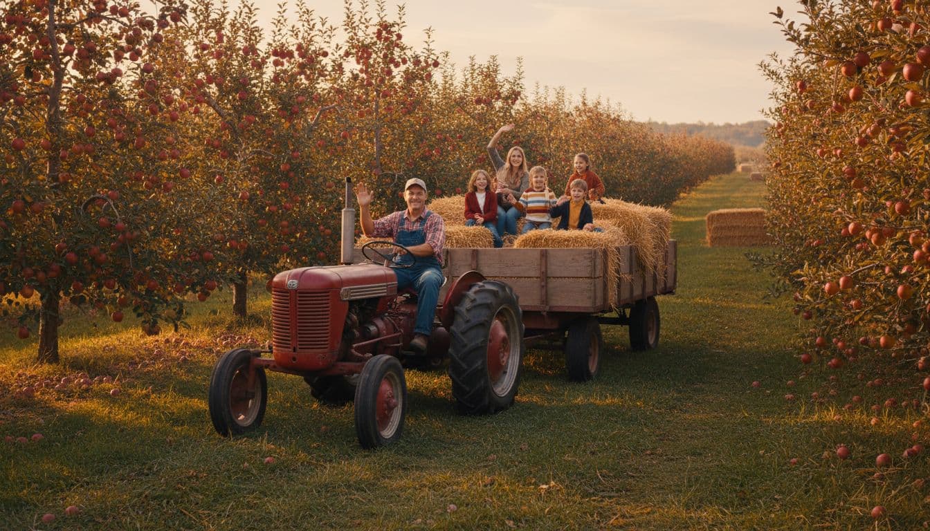 Tractor wagon carries two adults and four children through rows of apple trees with red and green fruit.