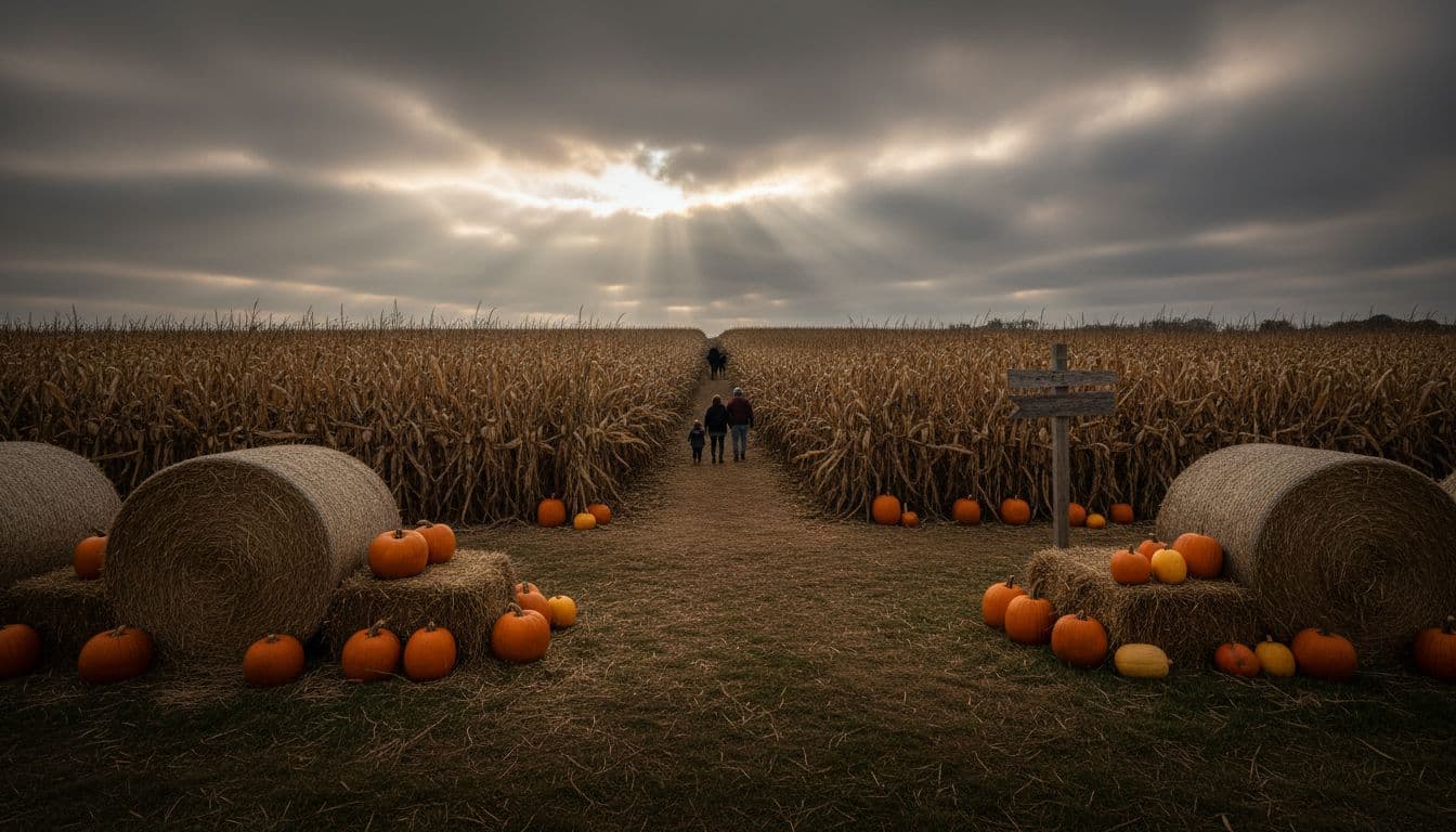 Wide corn maze entrance with hay bales and pumpkins on Kentucky farm, two distant families under overcast sky with sunbeams.
