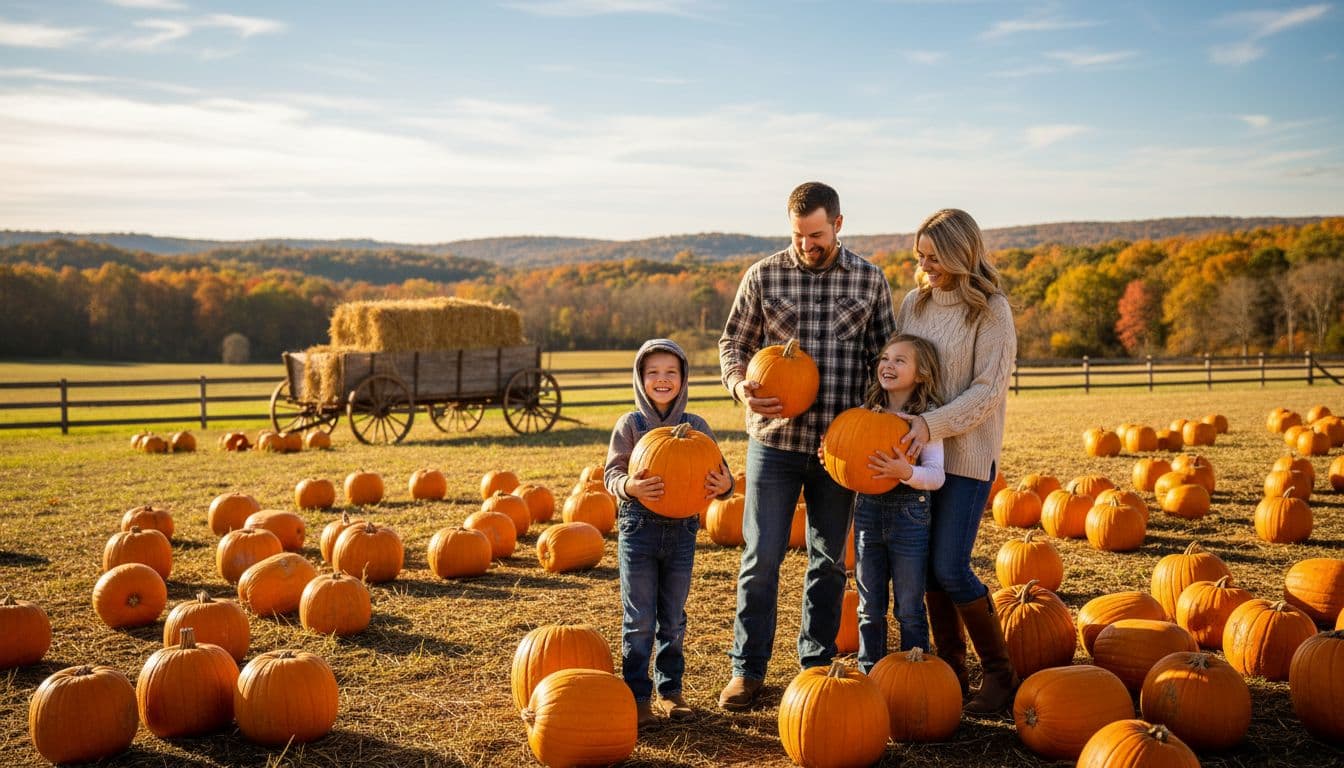 Family of four picks large orange pumpkins in sunlit field with rolling hills and hay wagon behind.