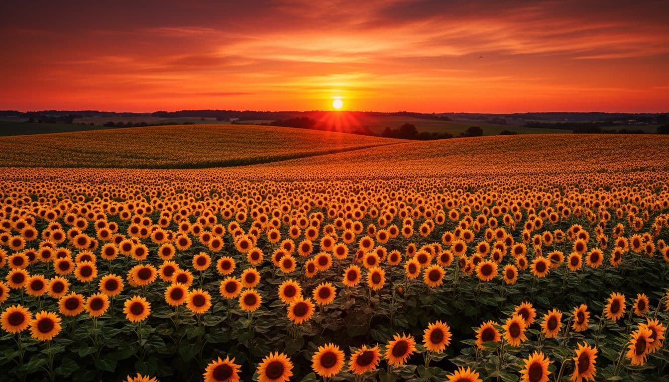 Vast sunflower field covers rolling Kentucky countryside at sunset.