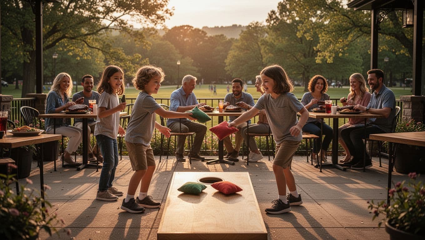 Two children play cornhole beside an outdoor restaurant patio in a Northern Kentucky park at sunset, with families dining on American BBQ in the background under warm lighting and dramatic shadows.