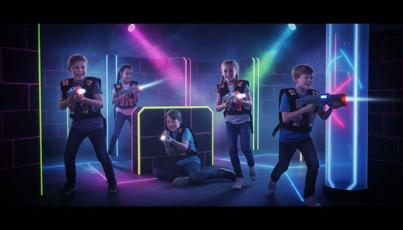 Exactly four children aged 7-11 playing laser tag in a dark indoor arena with neon lights and fog, running with toy guns raised in excited action poses at a Northern Kentucky entertainment center, cinematic style with dramatic neon glow.