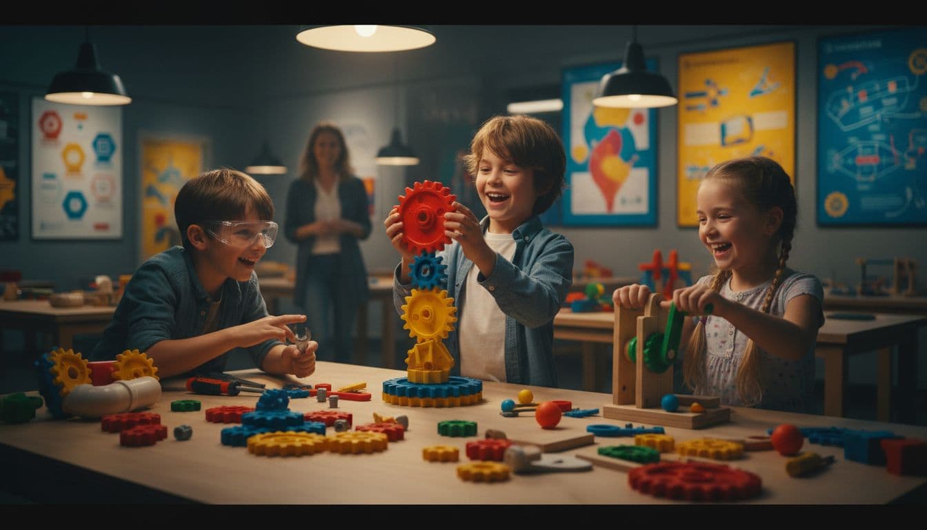 Children aged 5-10 laugh joyfully while building simple machines like gears and levers in a science museum workshop, with tools and colorful blocks scattered on the table. Cinematic lighting highlights the engagement under soft overhead lights, with an adult supervisor blurred in the background.