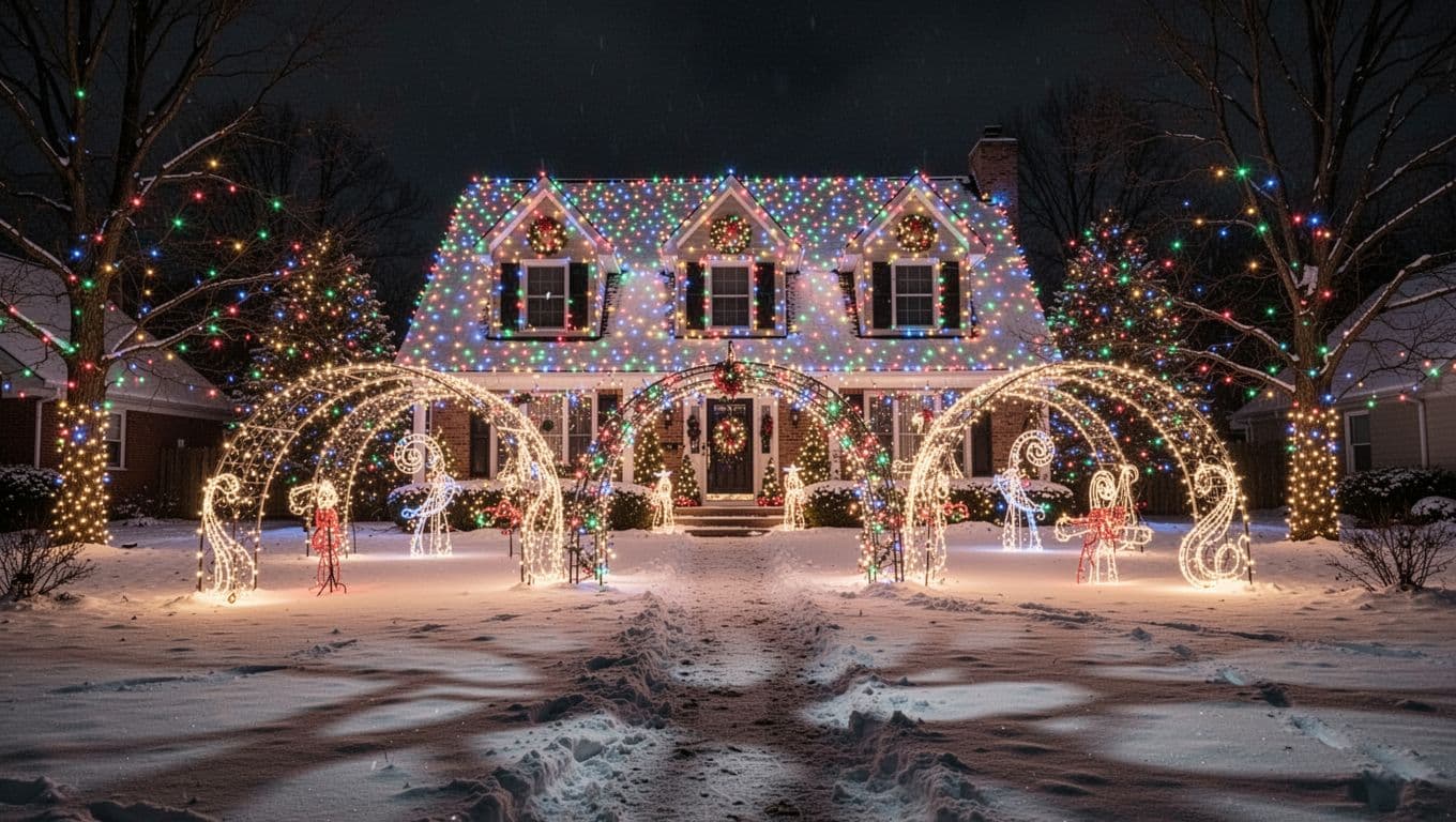 House centered in frame covered in multicolored twinkling lights forming tunnels arches spirals on snowy winter night.