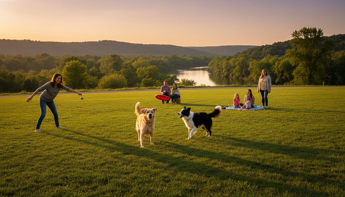 Two happy dogs—a Labrador and a Border Collie—play fetch in a lush green Northern Kentucky dog park with rolling hills, river view, and families watching nearby, captured in cinematic golden hour lighting with strong contrast and depth.