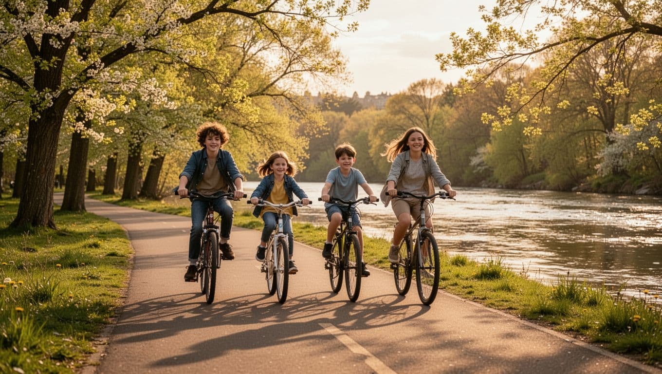 A family of four casually bikes on a flat paved greenway trail beside the calm Licking River in Northern Kentucky springtime, surrounded by lush green blooming trees and golden hour sunlight.