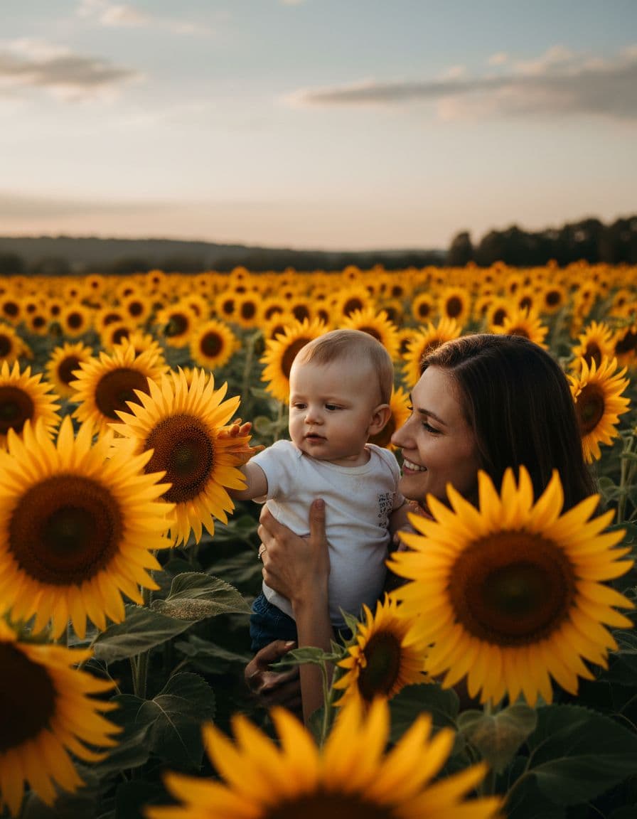 Mother and baby surrounded by tall sunflowers in a field, child reaching toward blooms in morning light.