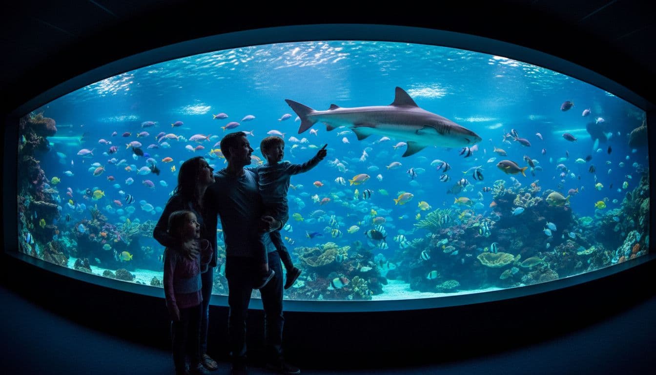 A family of four stands in awe before a large aquarium tank filled with colorful tropical fish and a majestic shark swimming by at Newport Aquarium. Blue underwater glow illuminates their excited faces in a cinematic wide-angle composition.
