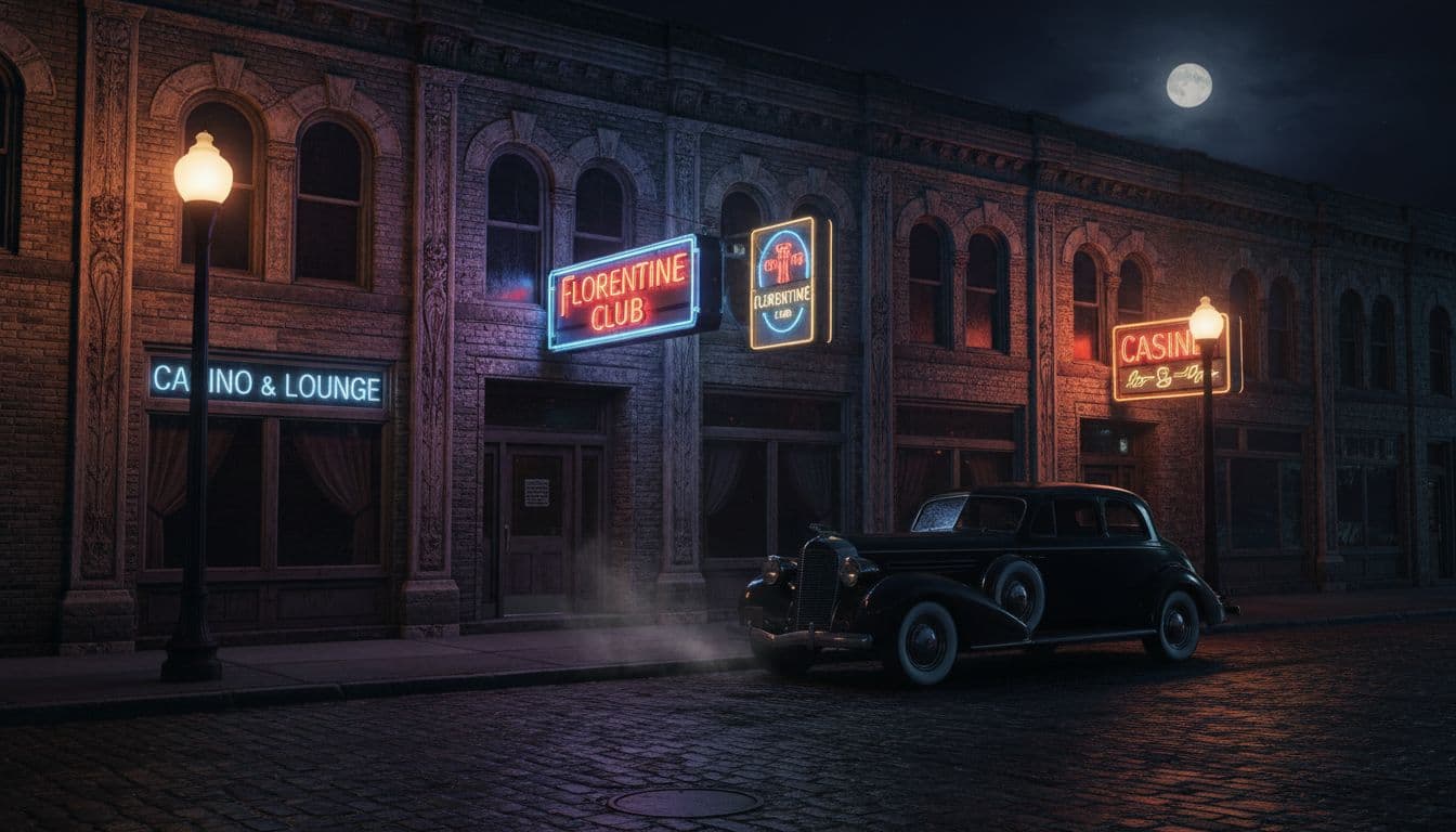 Historic gangster era building facade in Newport KY at night, with glowing neon signs, cobblestone street, and a parked vintage car, captured in cinematic style with dramatic lighting and strong contrast.