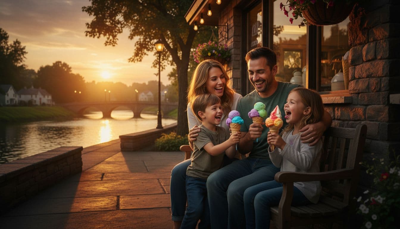 A family of four enjoys large colorful ice cream cones outside a cozy shop in a Northern Kentucky town during golden hour summer evening, with smiling kids, parents, and distant riverfront view.