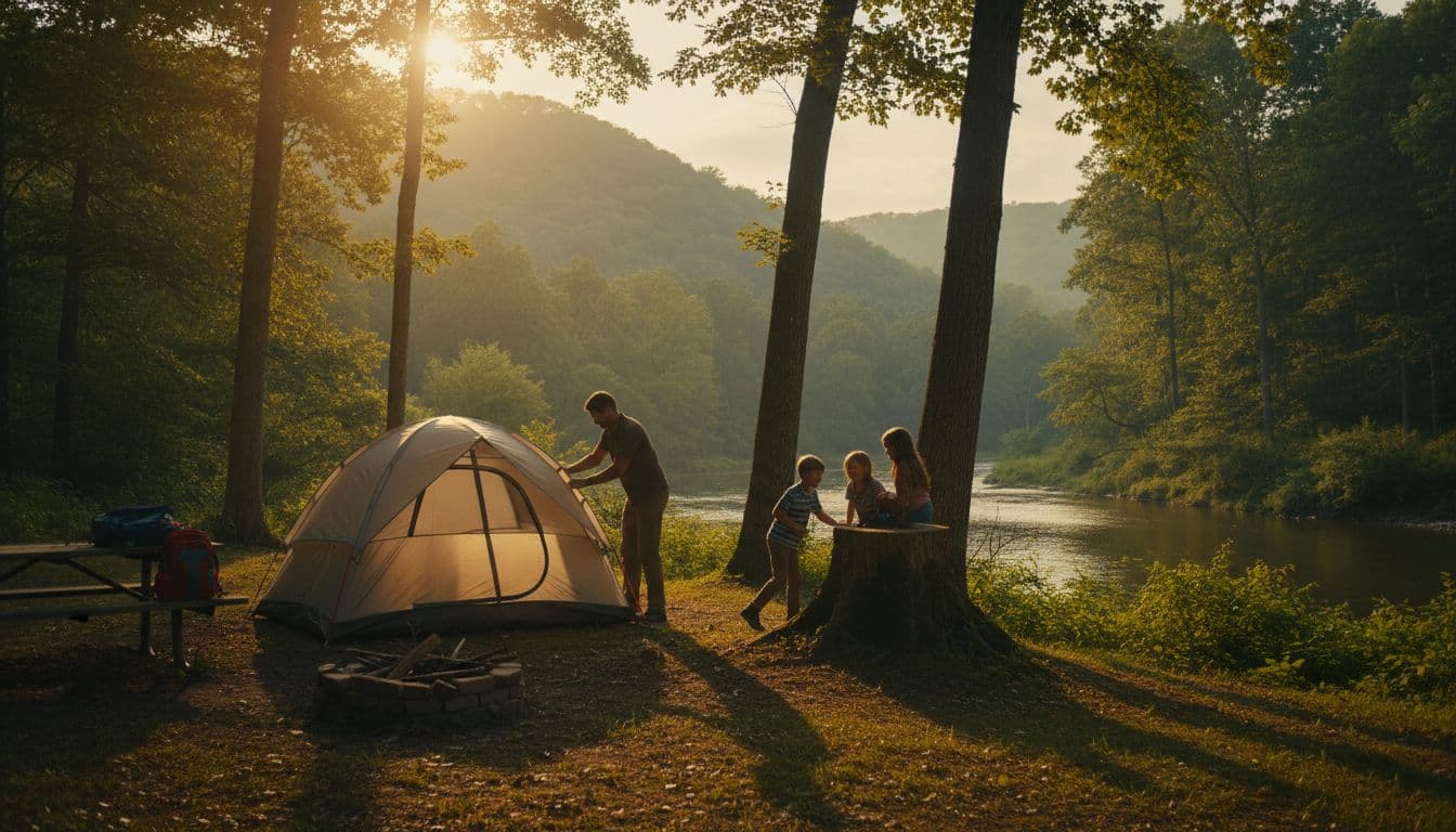 A family of four sets up a tent at a wooded campground near a river in Northern Kentucky, with children playing nearby and a campfire prepared amid lush green trees and hills. Captured in cinematic style with dramatic golden hour lighting, strong contrast, and depth.