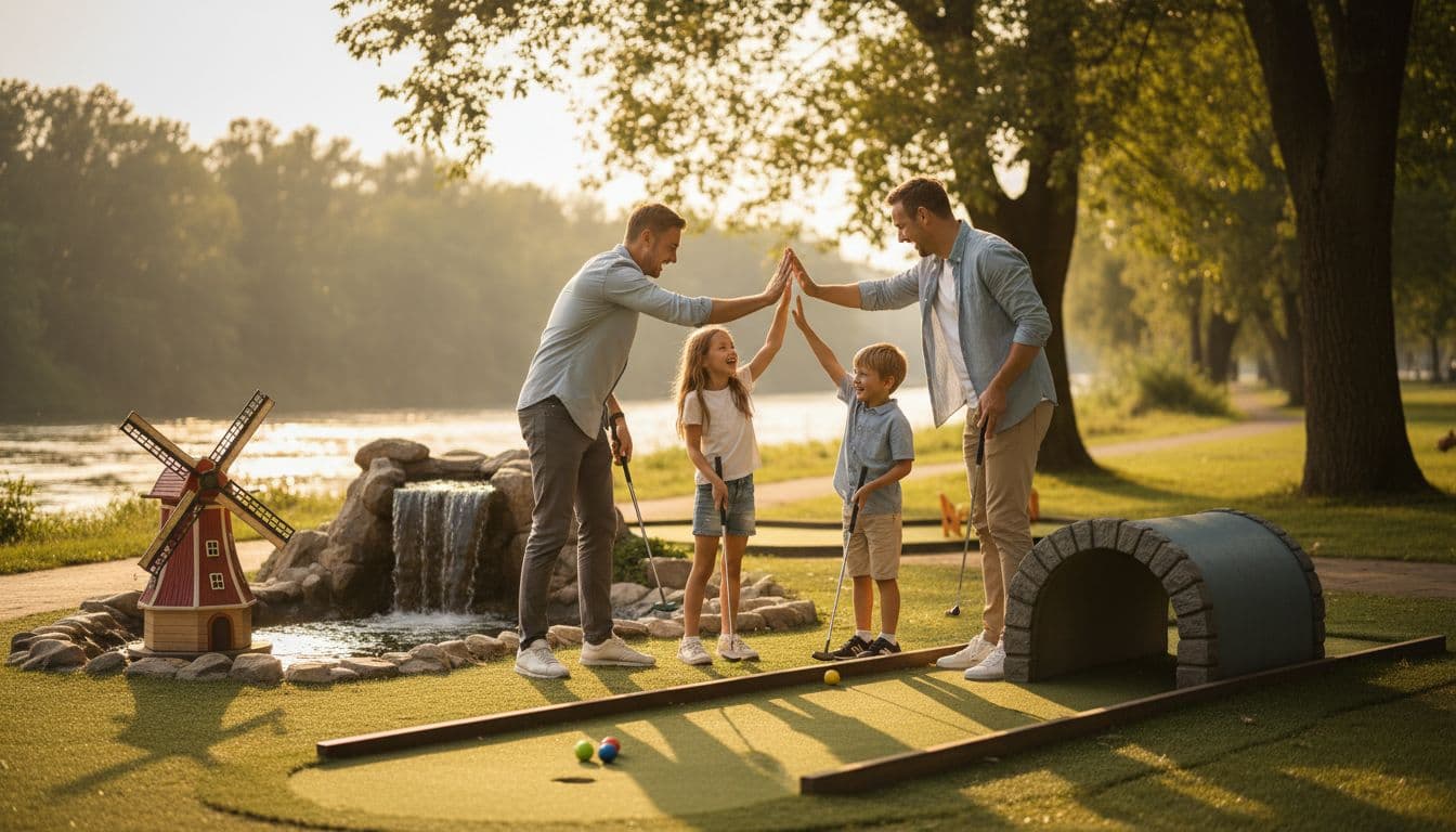 A happy family of four plays mini golf on a vibrant outdoor course with challenging obstacles like windmills, waterfalls, and tunnels in a park near a river, smiling and high-fiving after a putt in golden hour light.