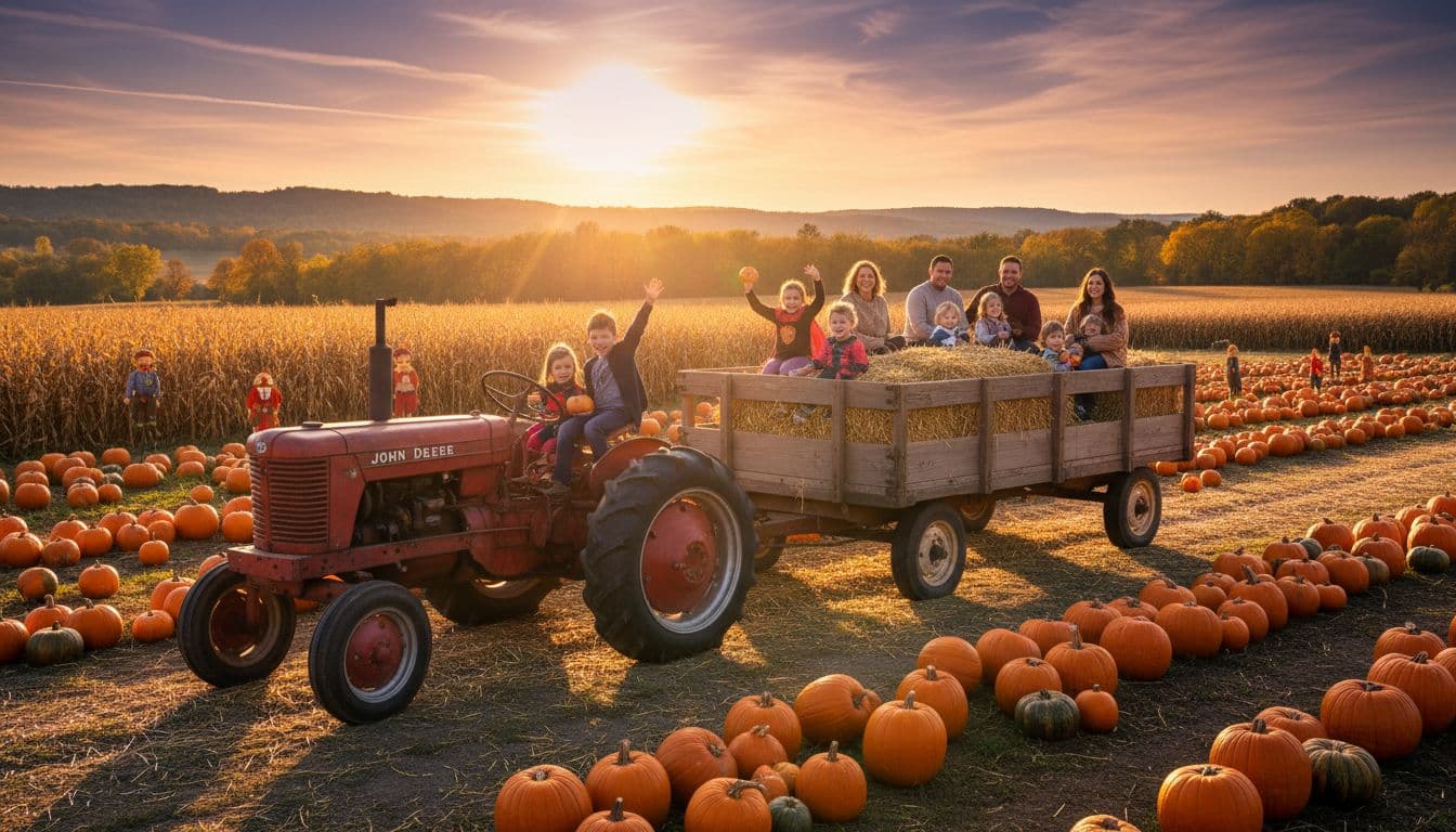 Tractor pulls wagon with 8 laughing kids and 4 parents through autumn pumpkin patch at golden hour.