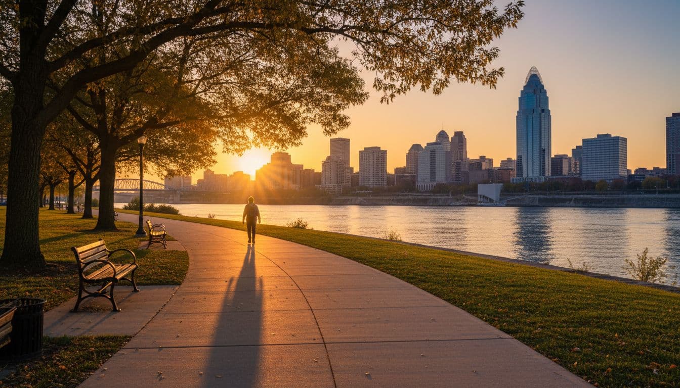 Wide scenic riverfront walking path along the Ohio River in Northern Kentucky, lined with trees and benches, Cincinnati skyline in background under golden hour sunset, one person walking away in distance on gently curving trail, cinematic style.