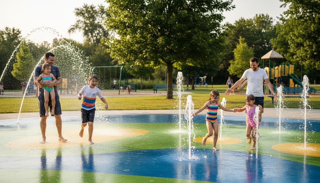 Two families with children aged 3-10 splash joyfully in a vibrant splash pad park in Northern Kentucky, with water jets and fountains on a sunny summer day, green lawns, trees, and playground nearby in cinematic style.